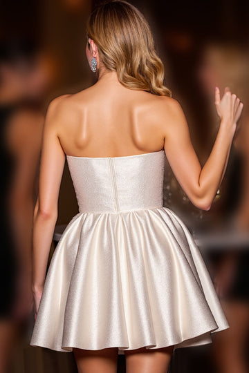Ivory Satin A Line Strapless Short Homecoming Dress